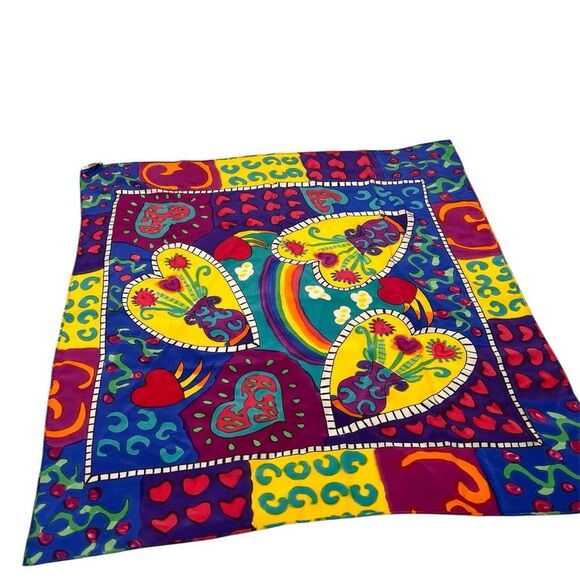 SILKSCAPES Silk Hand Painted Colorful Heart Pattern Scarf 35” X 34” - Picture 2 of 9
